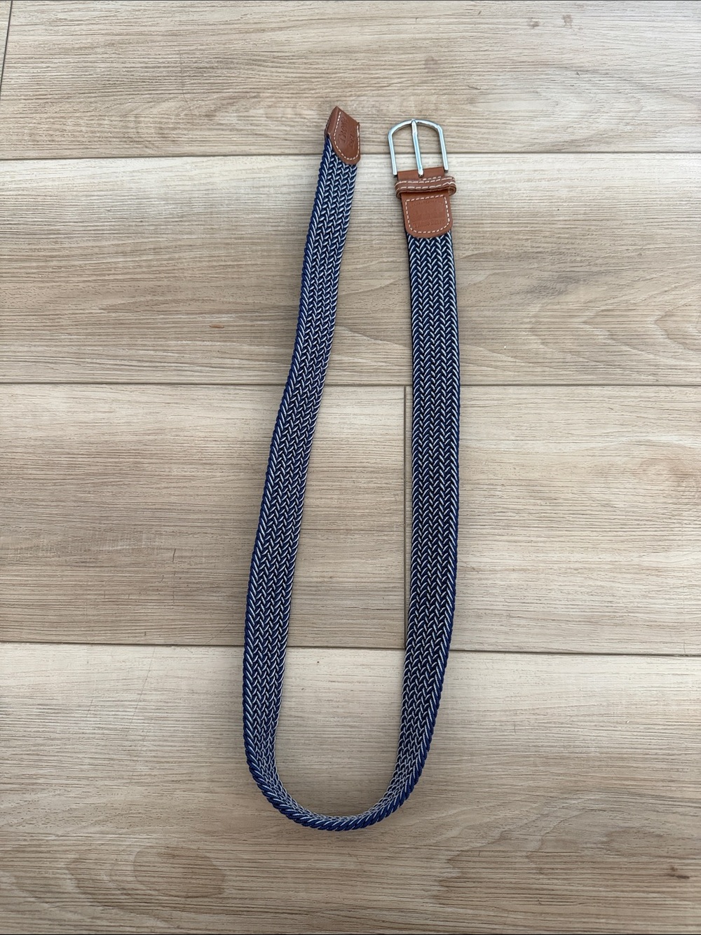 Troon Belts Navy Braided Belt with Tan Leather Trim - Size 32